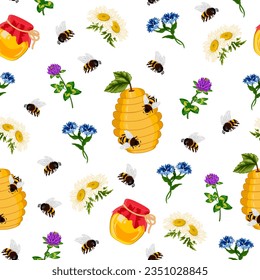 Flower meadow with bees and beehives.Vector seamless pattern with bees, beehives, flowers and honey in jars on a transparent background.