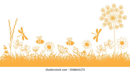 flower meadow with bees,  dragonfly, dandelion, daisy and grass and copy space vector illustration