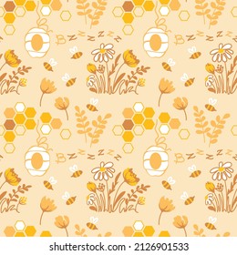 Flower meadow and bees pollinate flowers, seamless pattern. Vector.