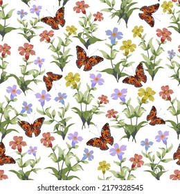 Flower meadow and bright butterflies.Vector pattern with bright butterflies and flowers on a transparent background.