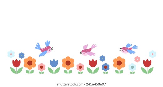 Flower meadow with colorful tulips and daisies with flying bright birds. Vector horizontal banner as template for text on white isolated background.