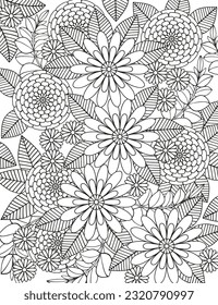 Flower meadow coloring page for children and adults.