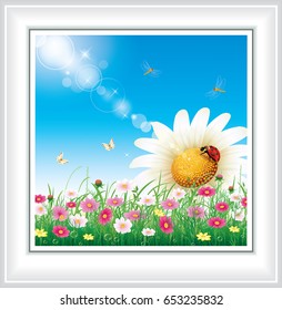 Flower meadow with daisies on a background of blue sky. Vector illustration