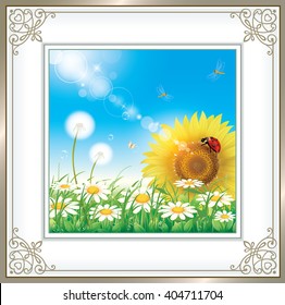 Flower meadow with daisies and sunflowers in a frame with an ornament