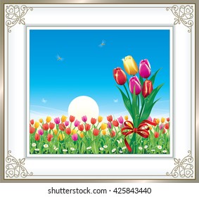 Flower meadow of daisies and tulips in a frame with an ornament