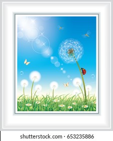Flower meadow with dandelions and daisies against the blue sky. Vector illustration