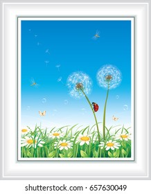 Flower meadow with dandelions and daisies against the blue sky. Vector illustration