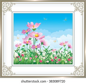 Flower meadow in a frame with an ornament