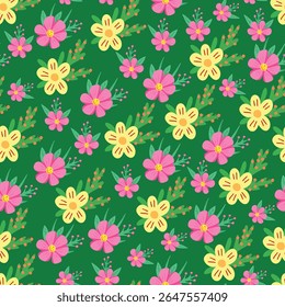 prado de flor, padrão floral verde sem emenda. Ilustração vetorial para impressão, fundos, capas e embalagem. A imagem pode ser usada para cartões comemorativos, cartazes, adesivos e têxteis.