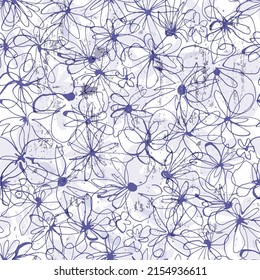 Flower meadow. Hand drawn blue  flowers. Scribble. Seamless pattern. Vector illustration.