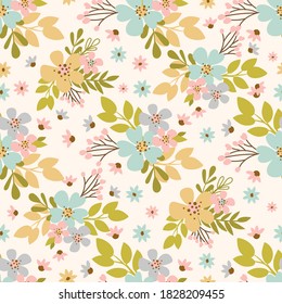 FLOWER MEADOW Hand Drawn Flat Style Floral Holiday Cartoon Seamless Pattern Vector Illustration For Textile Print