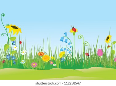 Flower meadow with ladybugs
