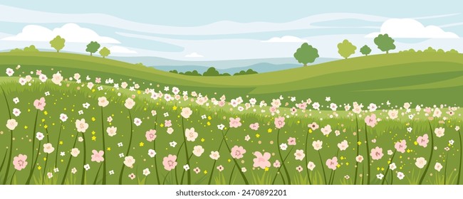 Flower meadow landscape vector illustration. Beautiful landscape of a flower field with green meadows against the backdrop of trees, amazing sky and clouds. Panoramic landscape of summer fields.