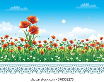 Flower meadow with poppies against the sky with clouds