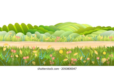 Flower meadow and sandy road. Rural landscape with garden farmer hills. Cute funny cartoon design. Horizontally seamless illustration. Flat style. Isolated Vector