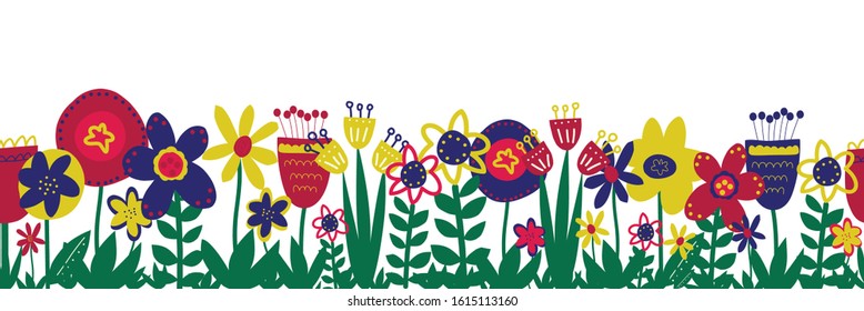 Flower meadow seamless vector border. Hand drawn doodle florals and leaves repeating pattern blue pink yellow green. Use for greeting cards, surface decoration, ribbons, fabric trim, Easter, footer