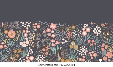 Flower Meadow Seamless Vector Border. A Lot Of Florals In Pink, Gold, White, Teal On Dark Background Repeating Horizontal Pattern. Doodle Line Art For Fabric Trim, Footer, Header, Fall Autumn Decor