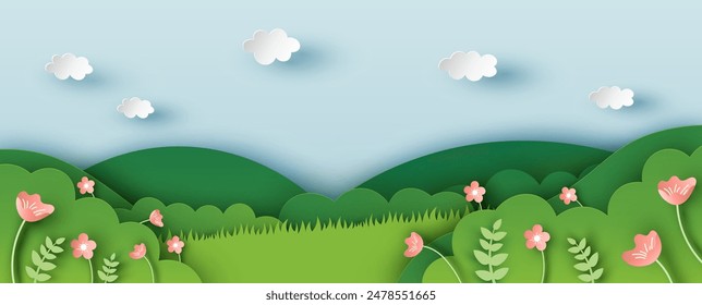 Flower meadow in spring. Spring natural landscape. paper cut and craft style. vector, illustration.