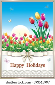 Flower meadow with tulips in a frame with an ornament and a ribbon with a bow. Vector illustration