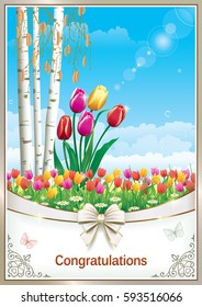 Flower meadow with tulips in a frame with an ornament and a ribbon with a bow. Vector illustration