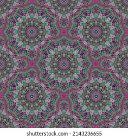 Flower medallion vector seamless pattern. Oriental motifs textile print. Turkish traditional seamless ornament. Colorful medallion embroidery graphic design. Tribal pattern ethnic ornament.