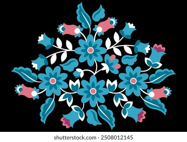 Flower Mexican Ethnic Embroidery on Black Background 