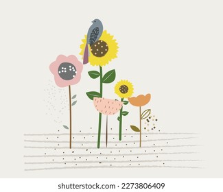 A flower in the middle of a field with birds perched on feed.Vector illustration.