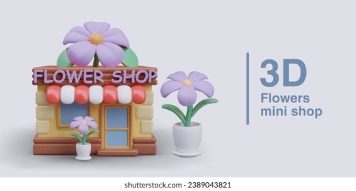 Flower mini shop, kiosk. Small business advertising. Vector building, flower in pot. Plants for bouquets and decoration. Horizontal layout for social networks