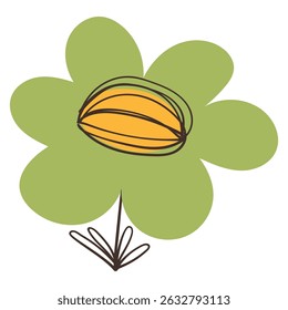 Flower with Minimal Brush Stroke Line Decorations. Colorful artistic plant with cute line sketches of branches isolated on white background. Nature herb perfect for invitations, cards, posters