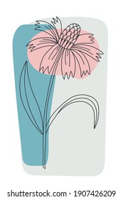 Afiche mínimo de flores. Flores silvestres de línea dibujada a mano y hojas con forma abstracta. Colección de plantas herbales y praderas, decoración floral de arte mural moderna ilustración botánica vectorial color rosa, azul