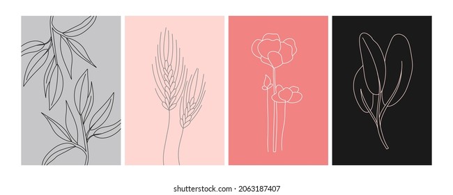 Flower minimal poster set. Hand drawn line wild flowers and leaves. Herbal and meadow plant collection, modern wall art floral decor. Vector botanical illustration pink, black, gray colors