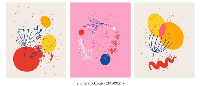 Flower Minimal Poster Set. Hand Drawn Line Wild Flowers And Leaves With Abstract Shape, Modern Wall Art Floral Decor, Social Media Posts And Stories, Bright Colors Botanical Vector Illustration