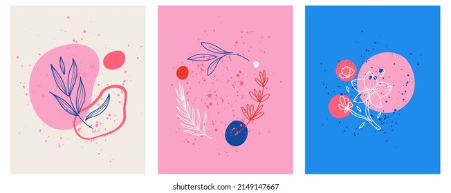 Flower Minimal Poster Set. Hand Drawn Line Wild Flowers And Leaves With Abstract Shape, Modern Wall Art Floral Decor, Social Media Posts And Stories, Bright Colors Botanical Vector Illustration