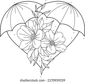 Diseño minimalista de tatuajes florales con paraguas en forma de corazón. Ilustración vectorial en blanco y negro