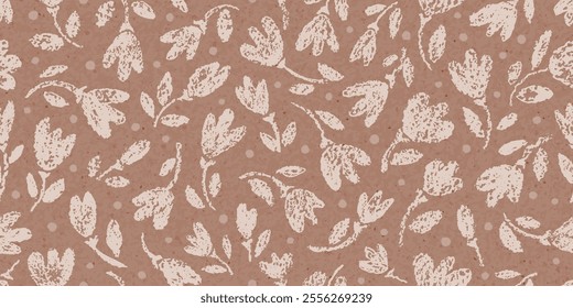 Flower mocha mousse pattern. Floral 2025 year color mocha mousse. Seamless simple tulip print. Vector background, abstract crayon flower. Modern spring summer design pattern. Floral seamless tulip bg