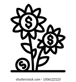 Flower money investition icon. Outline flower money investition vector icon for web design isolated on white background