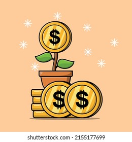 Flower money standing in the stacking gold zcash coins isolated flat cartoon illustration