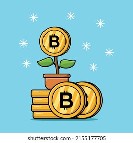 Dinero de las flores en las monedas de oro apiladas aisladas ilustraciones planas de dibujos animados