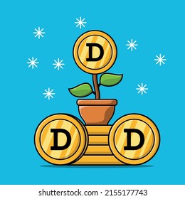 Flower money standing in the stacking gold dogecoin coins isolated flat cartoon illustration