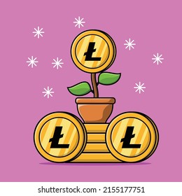 Flower money standing in the stacking gold litecoin coins isolated flat cartoon illustration