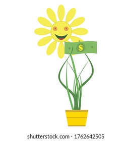 Flower with money. Yellow happy flower holds paper dollar. Vector illustration.