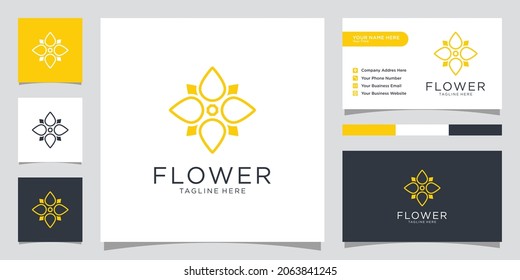 Flower mono line luxury logo design template vector with business card design.