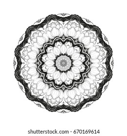 Flower monochrome botanical vector mandala with the blossoming lotus is isolated on a white background. Decorative element with east motives for design. Version of the page for coloring