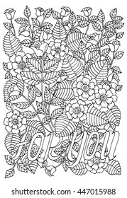 Flower in monochrome color on white backdrop. Hand drawn floral sketch in black and white. Coloring page for adult or  children coloring book. Can use  for all ages  as art therapy