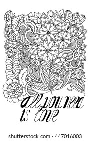Flower in monochrome color on white backdrop. Hand drawn floral sketch in black and white. Coloring page for adult or  children coloring book. Can use  for all ages  as art therapy