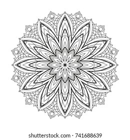 Flower monochrome geometrical vector mandala is isolated on a white background. Decorative element with east motives for design. Version of the page for coloring