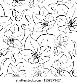 Flower monochrome pattern. Black hand-drawn flowers on a white background. Seamless vector 