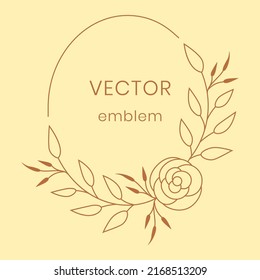 Monograma de flores. Marco de círculo botánico con rosa y hojas. Emblema natural floral de línea, diseño mínimo de tarjeta con espacio de copia, logotipo o placa simple orgánico, ilustración vectorial elegante