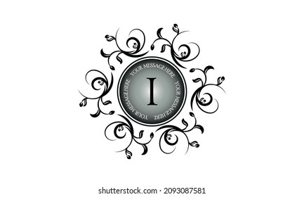Flower monogram design template for one or two letters such as I with text in a circle. Wedding monogram. Elegant round ornament for business sign, identity of logo of restaurant, boutique, hotel