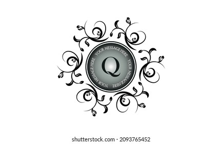 Plantilla de diseño de monograma de flor para una o dos letras como Q con texto en círculo. Monograma de boda. Elegante ornamento redondo para el cartel de negocios, identidad de restaurante, boutique, logo del hotel